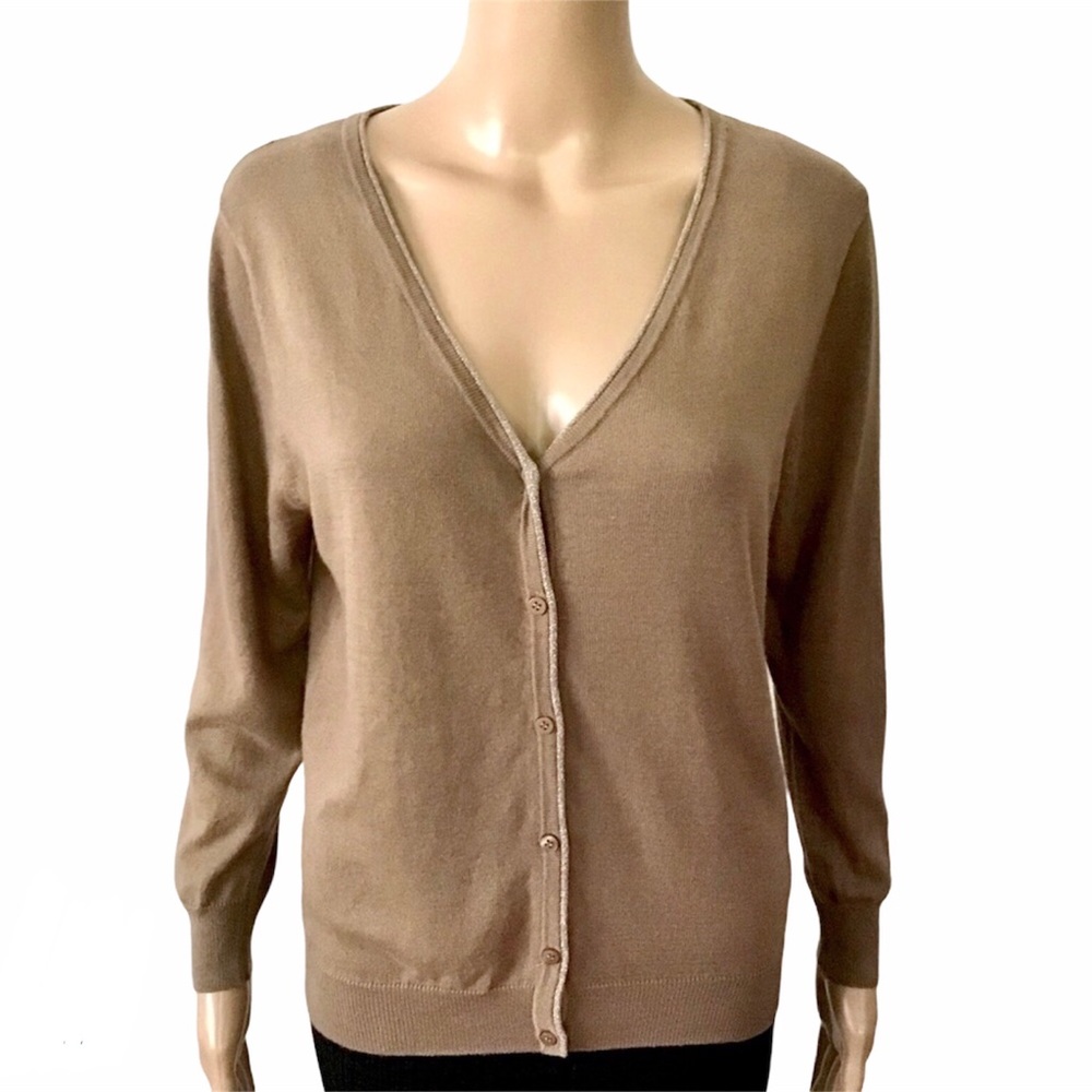 New Liz Claiborne Tan Cardigan Sweater Button Front V-Neck Size Small